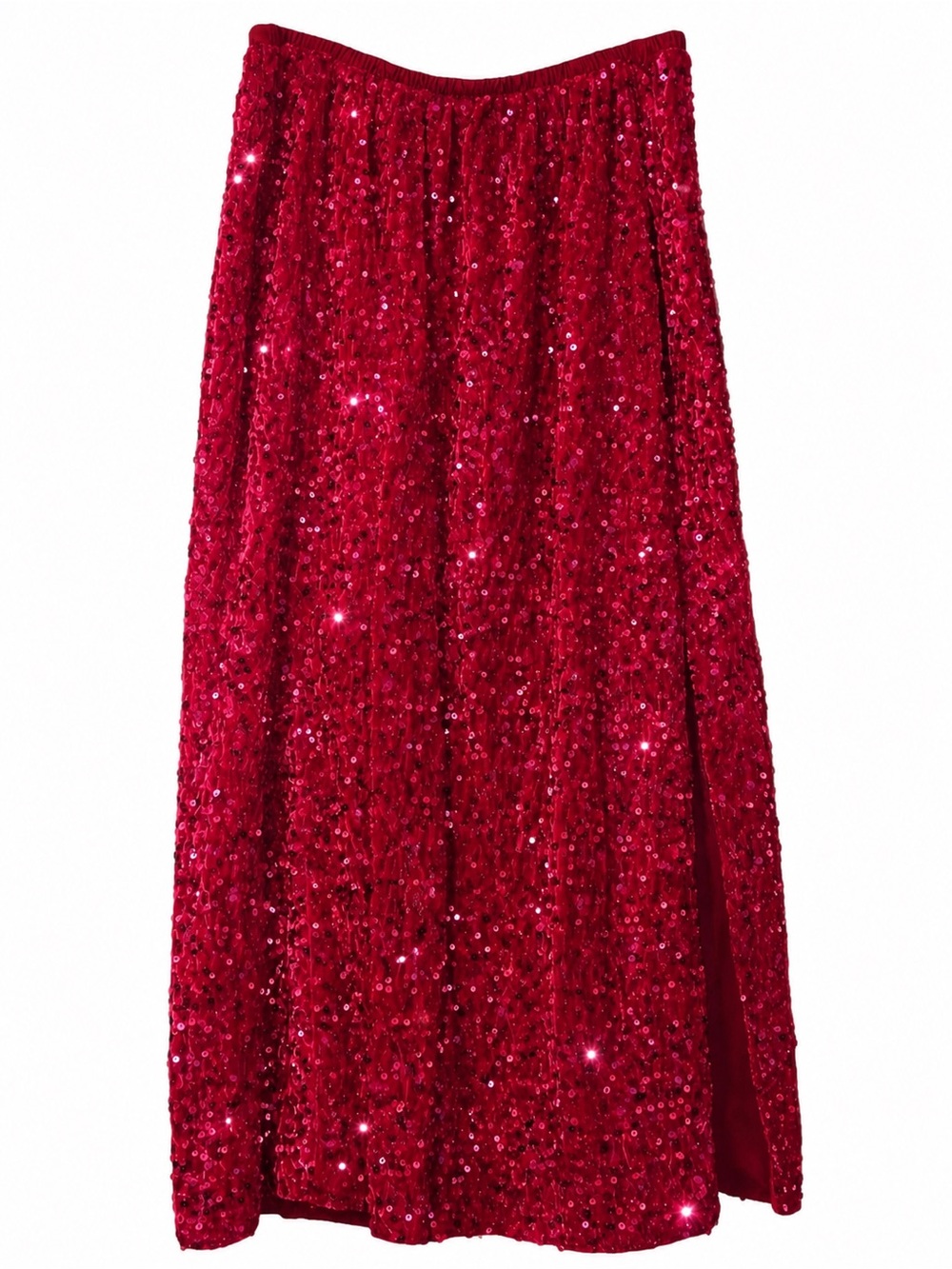 Women’s Rose Red Sequin Maxi Skirt XL High Waist Side Slit Evening Party Holiday